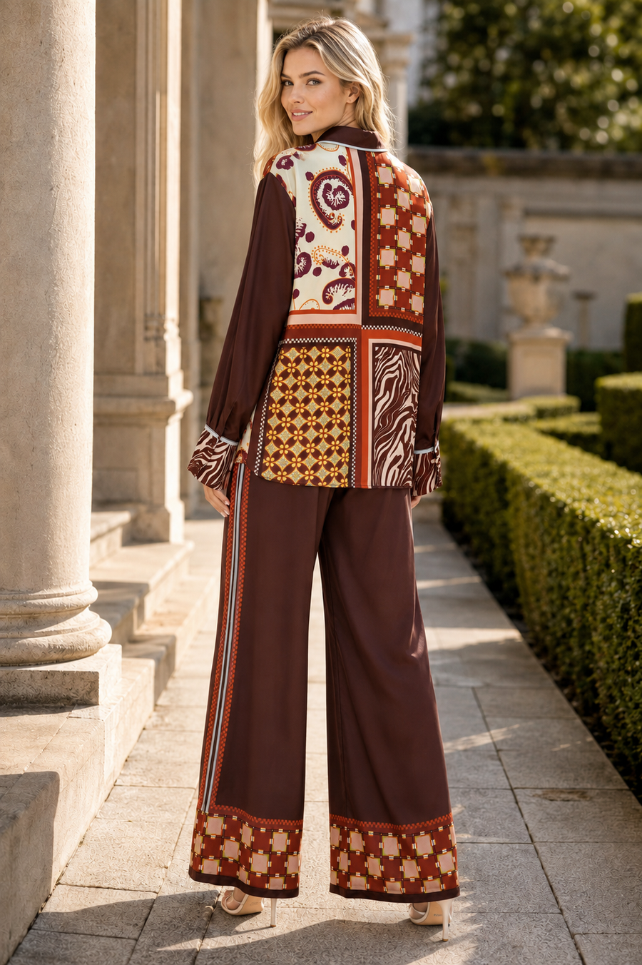 A96019A PATCHWORK PRINT WIDE-LEG PANT SET