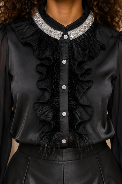 S3183 JEWELED NECKLINE RUFFLE FEATHER TOP (BLK, RD)