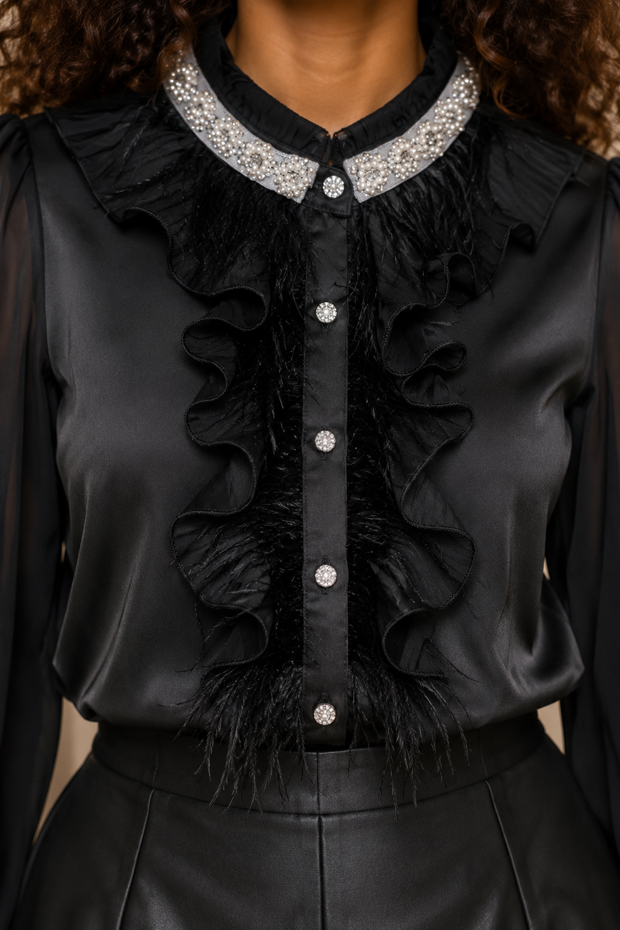 S3183 JEWELED NECKLINE RUFFLE FEATHER TOP (BLK, RD)