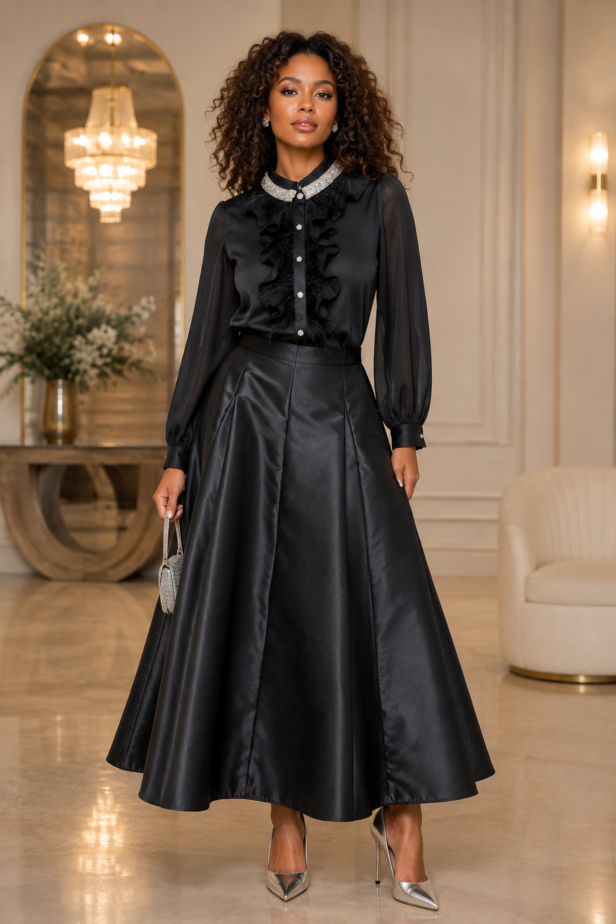 S3183 JEWELED NECKLINE RUFFLE FEATHER TOP (BLK, RD)