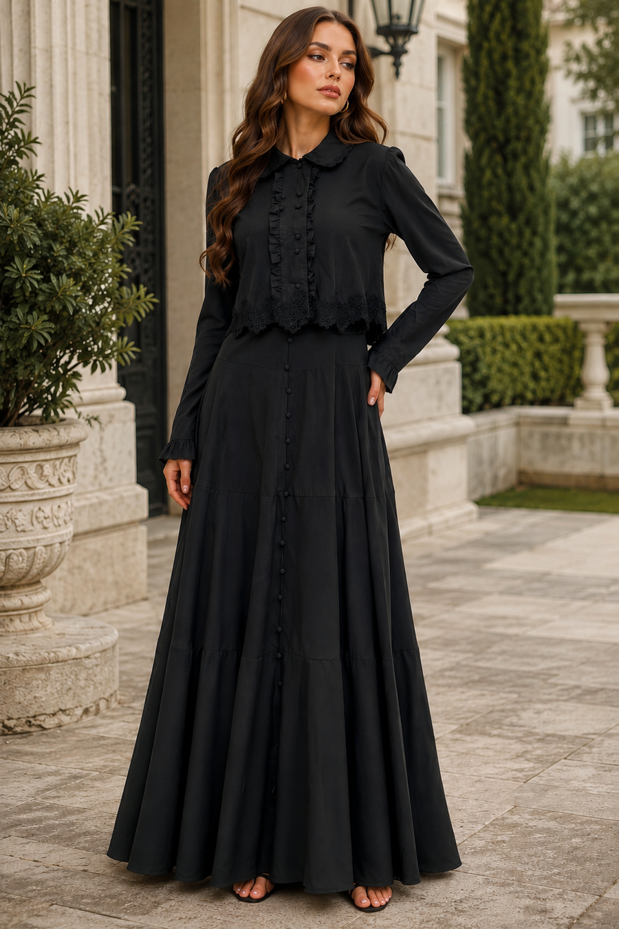 NY0081 SWEEPING SILHOUETTE TIERED MAXI SKIRT (GRN, BLK)