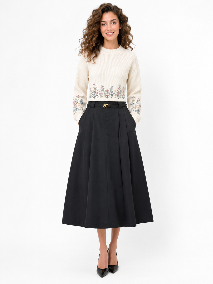 T260019 TAILORED PLEATED BELTED MIDI SKIRT (BLK, GRN)