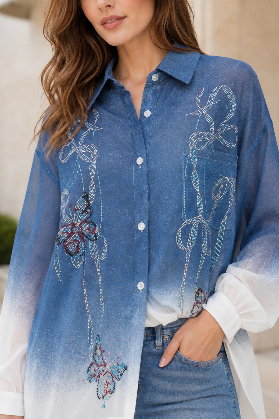 GF17871 BOWS AND BUTTERFLIES RHINESTONE BUTTON UP TOP