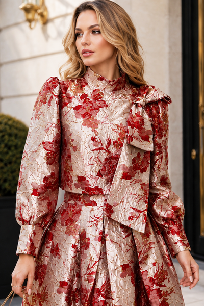 TL9058 ROSÉ BOTANICAL BROCADE TOP/ SKIRT SET