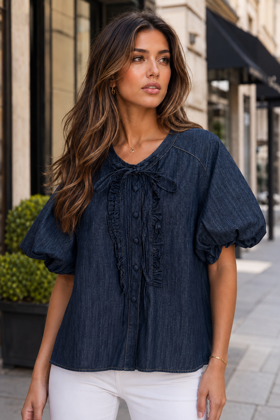 W6641 DENIM RUFFLE BUTTON UP TOP