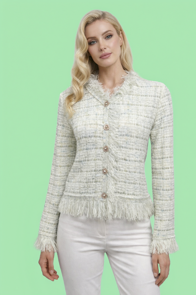ZL507 FRINGED TWEED CARDIGAN SWEATER