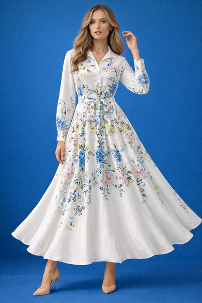 GF1585 SOFT FLORAL COLLARED MAXI DRESS