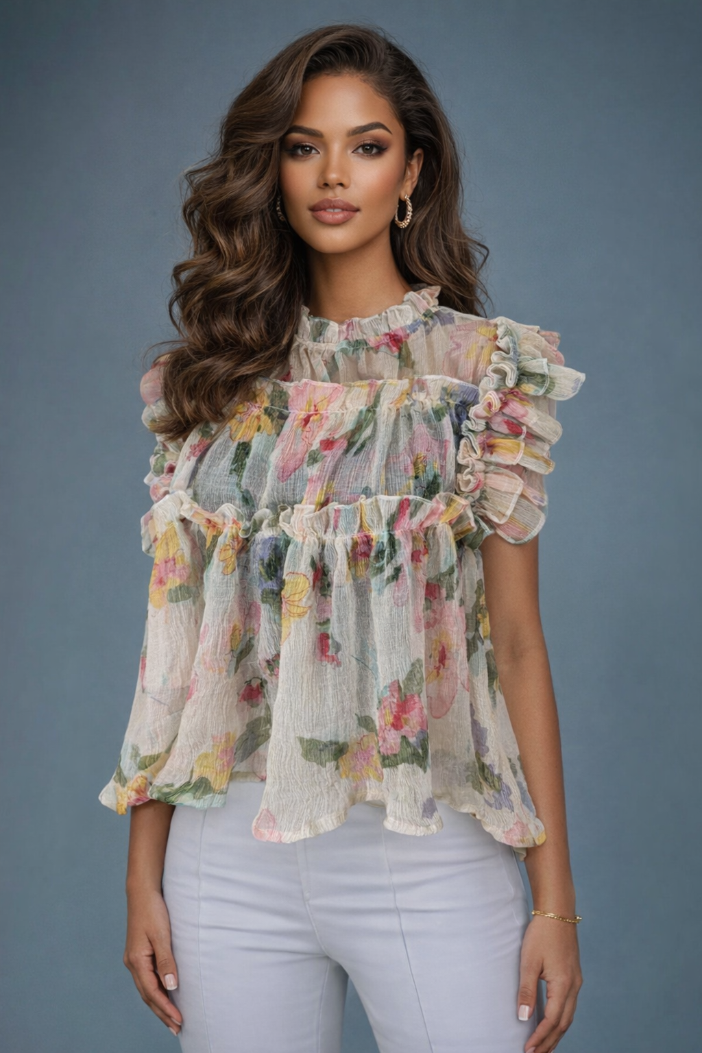 Sheer Ruffles Garments CH0102 FLORAL MUSE SHEER RUFFLE TOP – N by Nancy