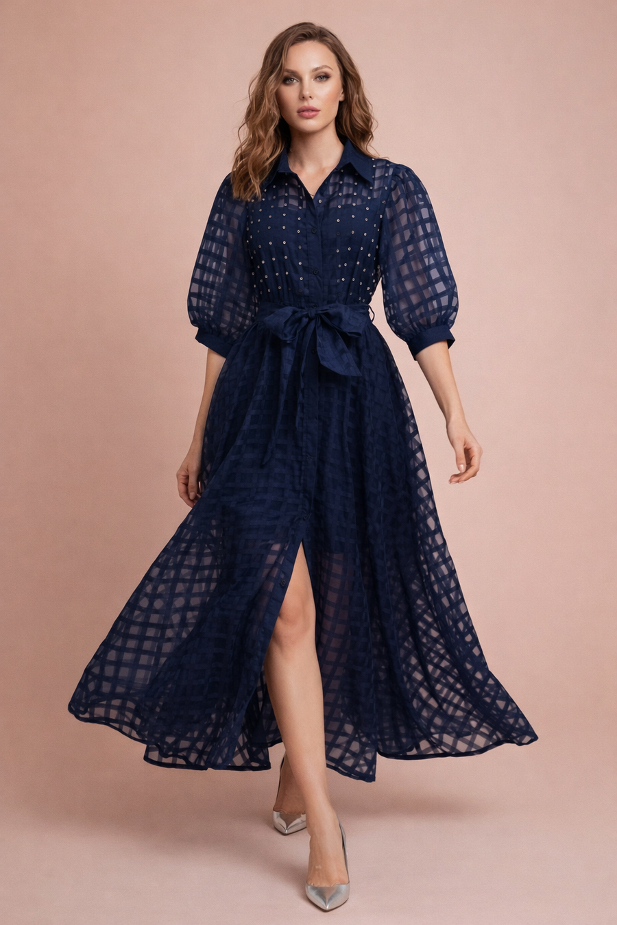 CH0222 STUDDED ORGANZA SHIRT DRESS