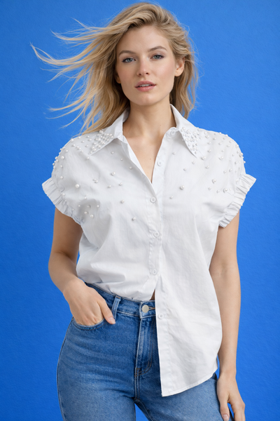 W5991 PEARL-EMBELLISHED BUTTON-DOWN TOP (BLU, WHT)