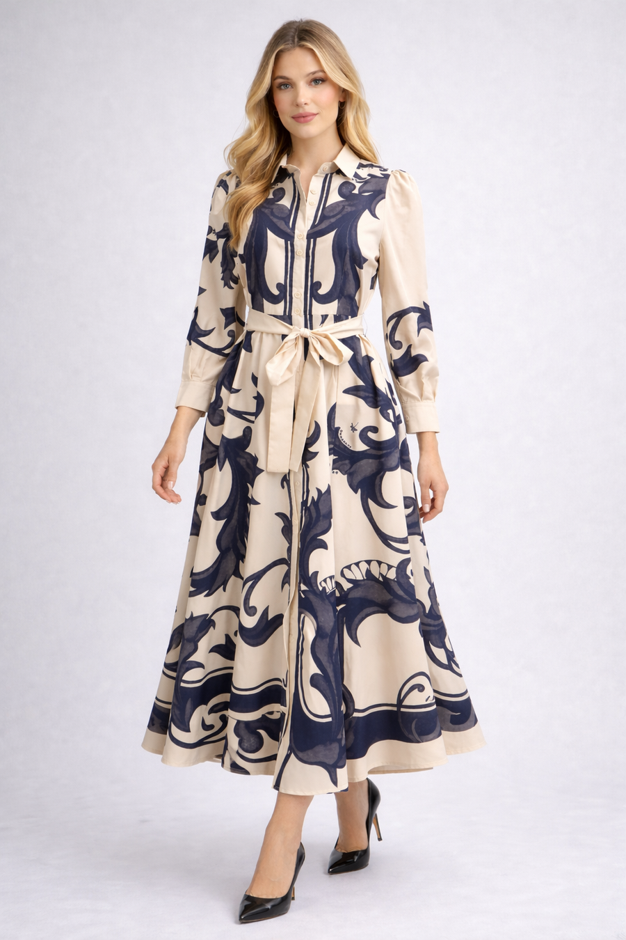 S3130 VINTAGE SCROLL PRINT MAXI SHIRT DRESS