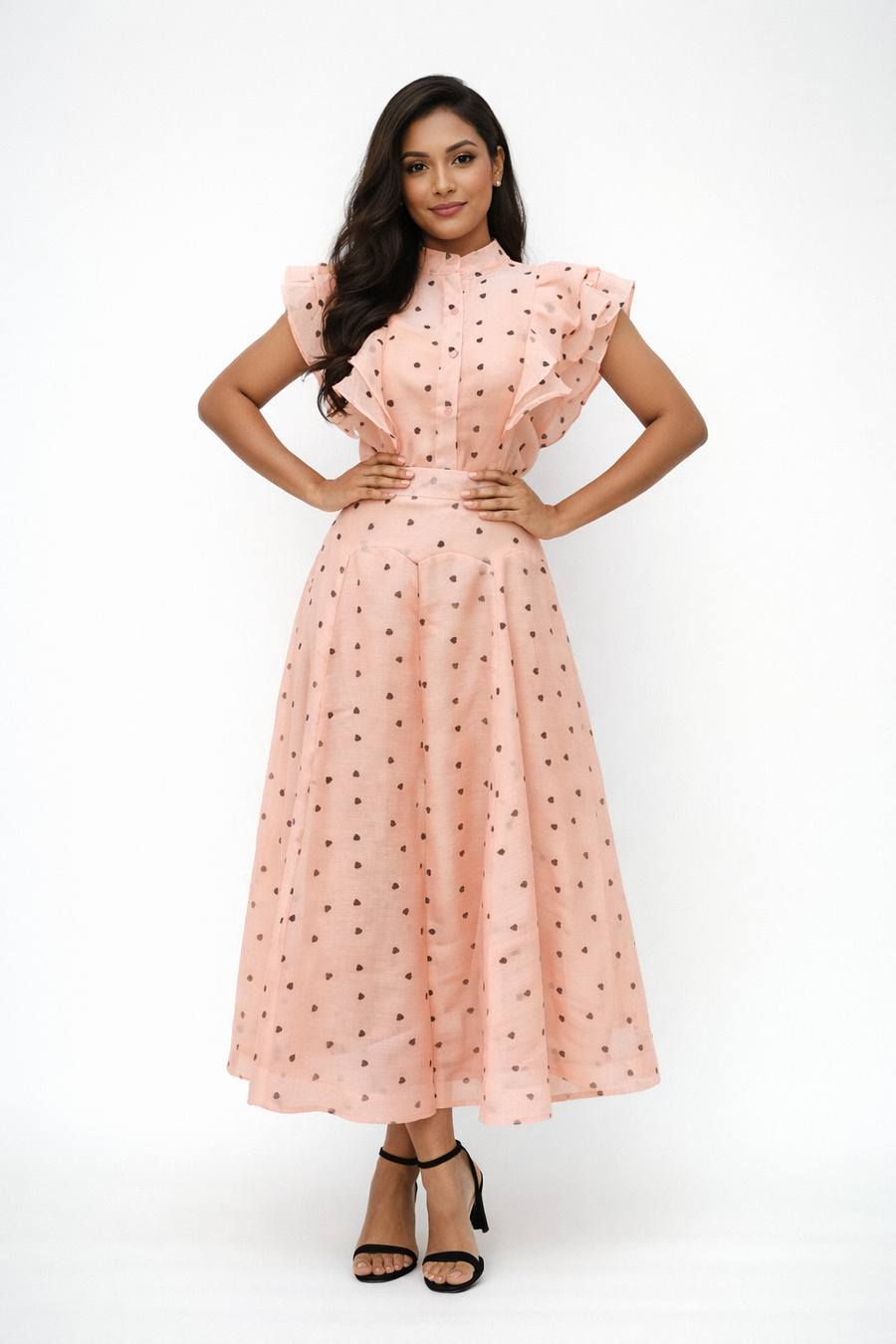 CH0224AB RUFFLED SHOULDER HEART PRINT SKIRT SET