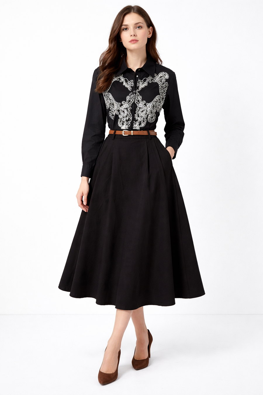 NY75002 SIGNATURE BELTED MIDI SKIRT (BLK, BLUE)