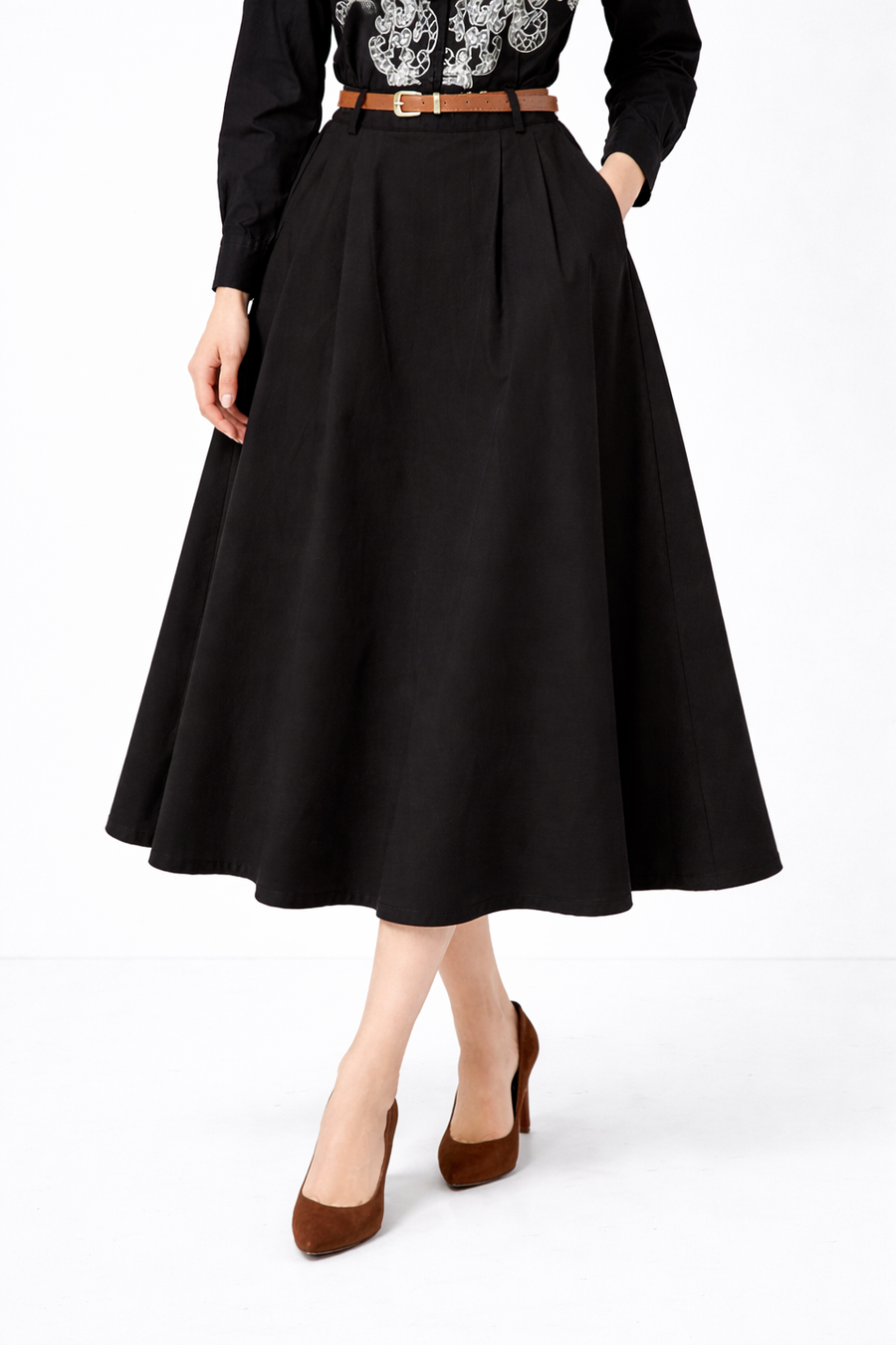 NY75002 SIGNATURE BELTED MIDI SKIRT (BLK, BLUE)