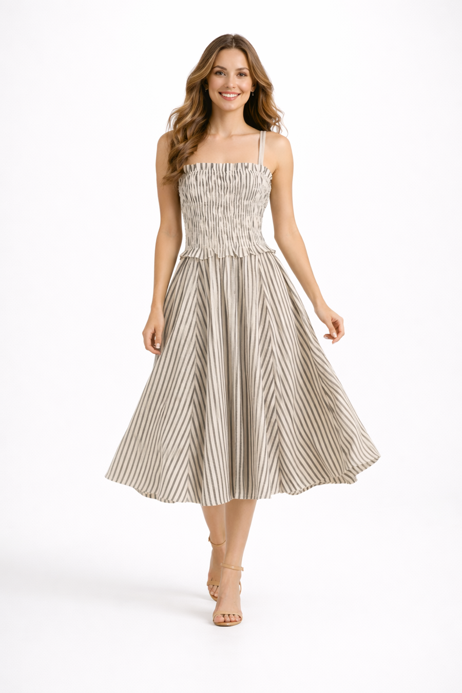 A95153 STRIPED SQUARE NECK SMOCKED MIDI DRESS
