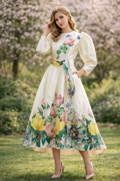 T2655 FLORAL BOUQUET PUFF SLEEVE DRESS