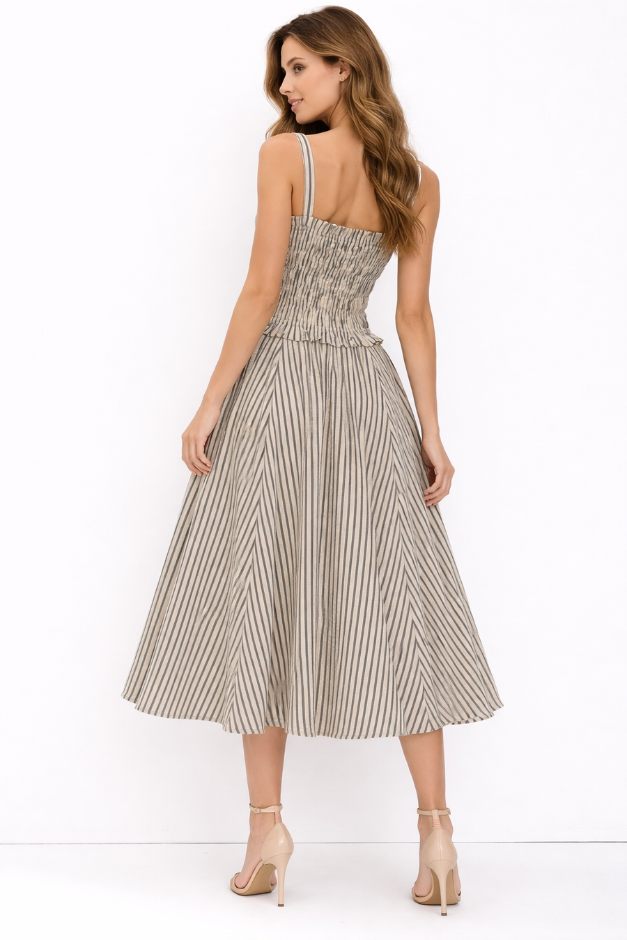 A95153 STRIPED SQUARE NECK SMOCKED MIDI DRESS