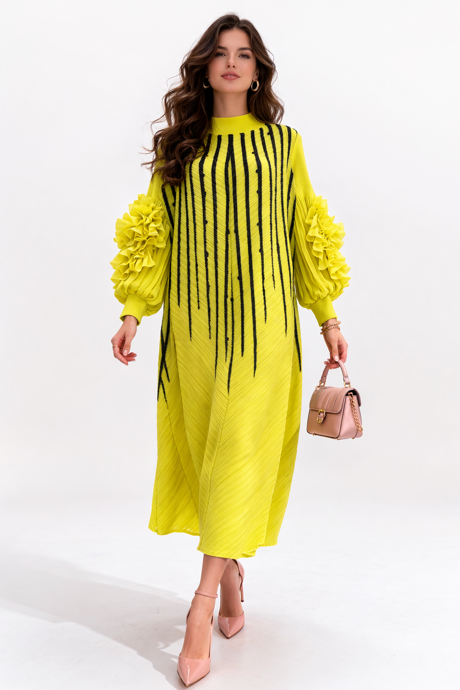 NY0062 RUFFLE SLEEVE STRIPE ART CRINKLE  DRESS