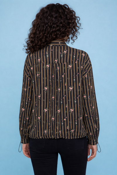 T2613T FLORAL STRIPED HI-LO DRAWSTRING TOP