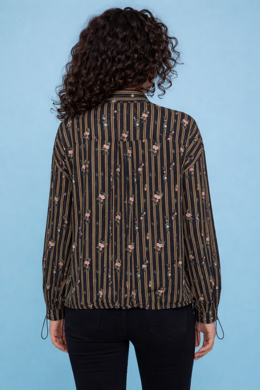 T2613T FLORAL STRIPED HI-LO DRAWSTRING TOP