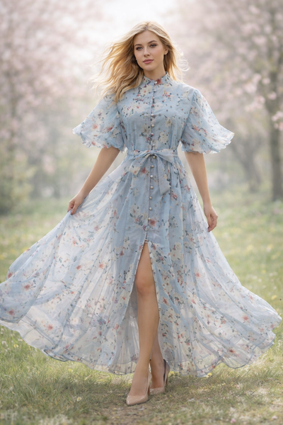 C3540 STUDDED ORGANZA MAXI SHIRT DRESS