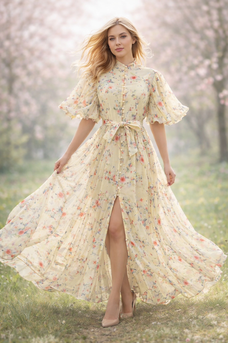 C3540 STUDDED ORGANZA MAXI SHIRT DRESS