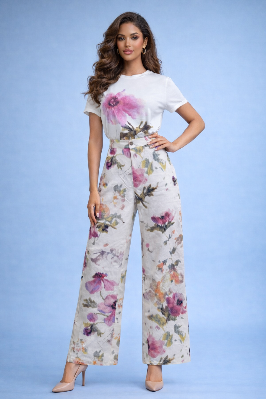 B1106 WATERCOLOR FLORAL STRAIGHT-LEG PANTS