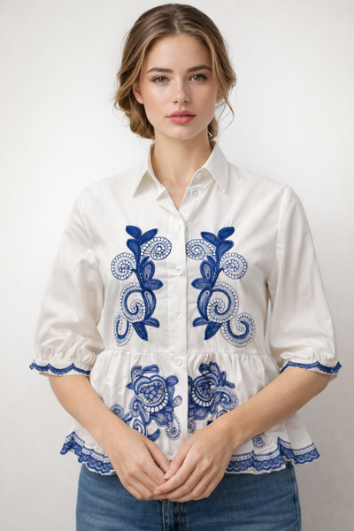NY0037 EMBROIDERED TUNIC TOP (WHT, NAVY)