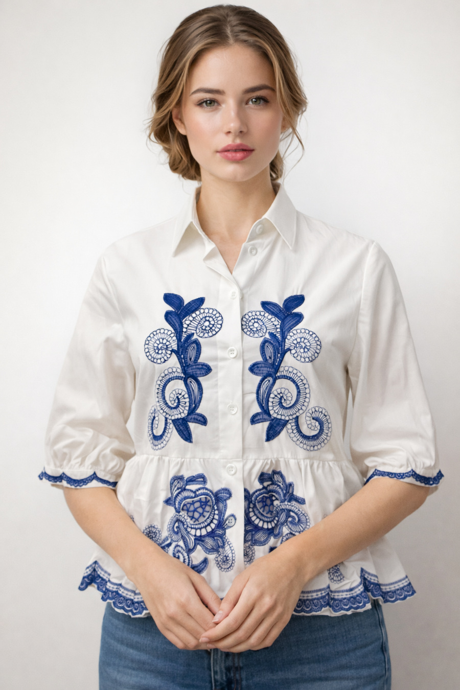NY0037 EMBROIDERED TUNIC TOP (WHT, NAVY)
