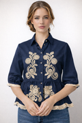 NY0037 EMBROIDERED TUNIC TOP (WHT, NAVY)