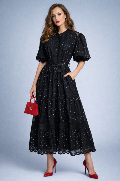 X8021 LACE TRIM POLKA DOT DRESS