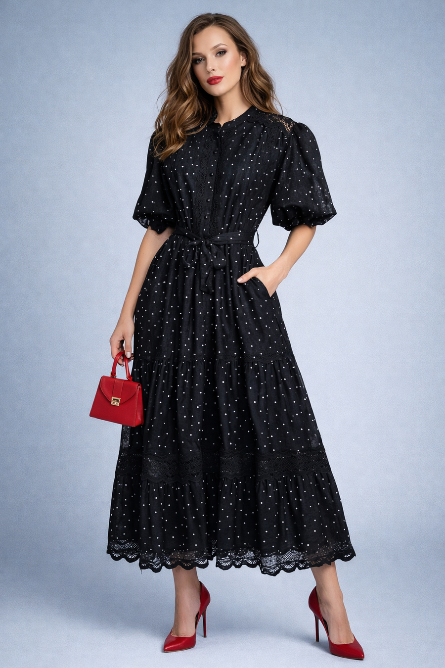 X8021 LACE TRIM POLKA DOT DRESS