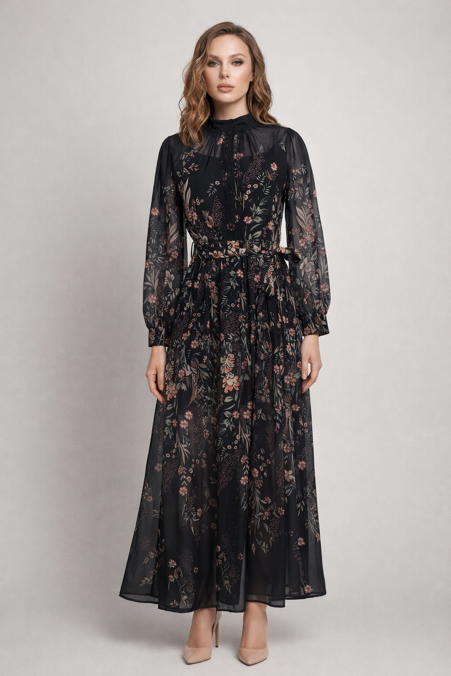 GF1609 MIDNIGHT GARDEN SHEER MAXI DRESS
