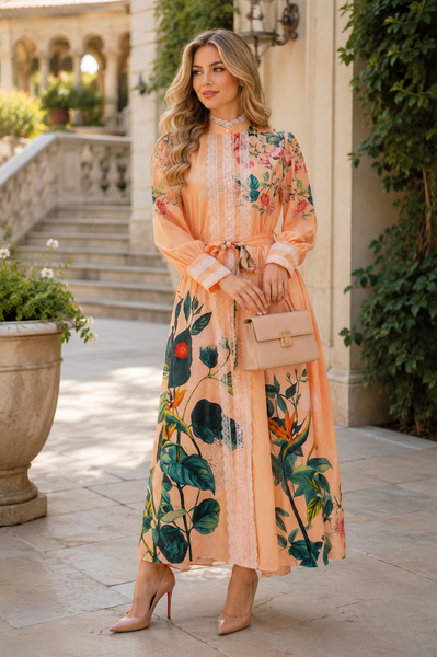 CH900 ROMANTIC ROSE PRINT LACE ADORNED MAXI DRESS