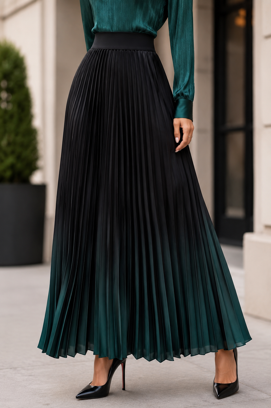 NY7510 OMBRE ELEGANCE PLEATED MAXI SKIRT (GRN, BLK)