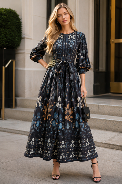 N2637 PLEATED SYMMETRICAL FLORAL CRINKLE MAXI DRESS