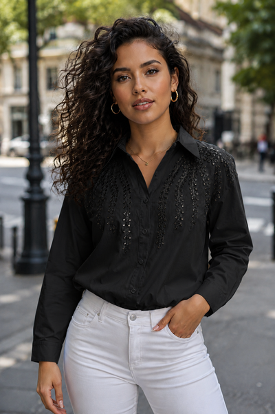 S3171 EMBELLISHED BOTANICAL TOP (BLU, BLK)