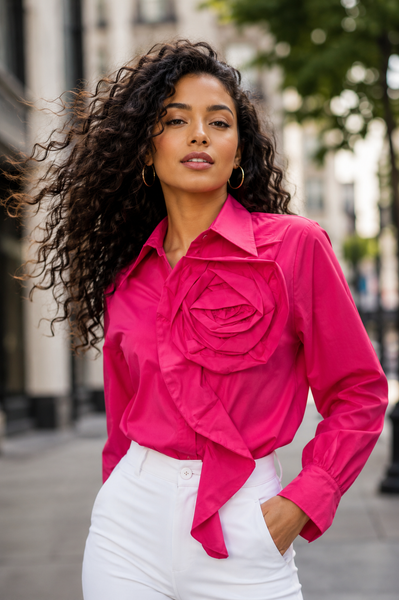 W6625 SCULPTED ROSETTE BUTTON-DOWN TOP (ROSE, BLK)