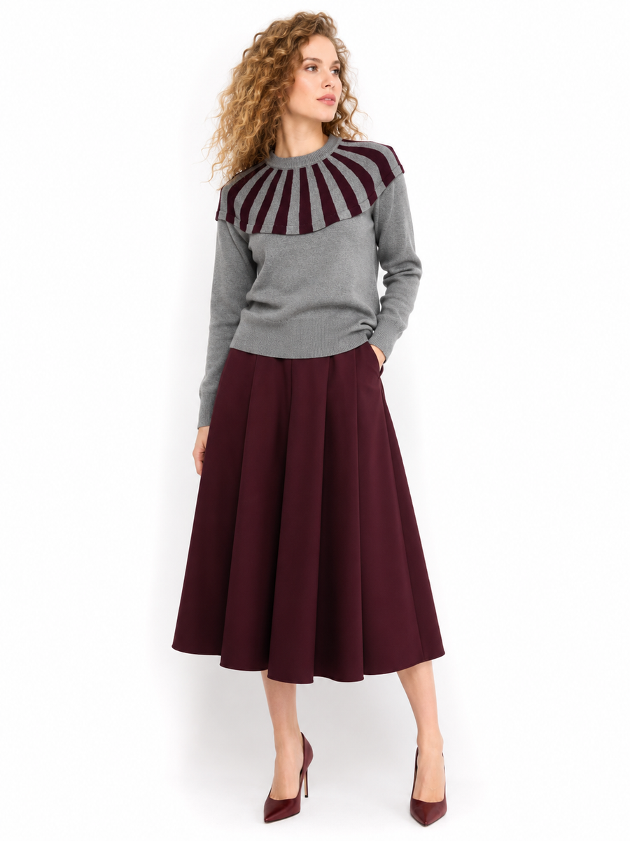 SK21099 CONVERGING STRIPES COZY SWEATER (CAMEL, GRY, PPL)