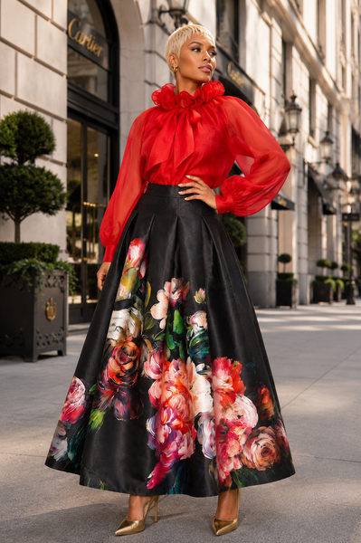 B11321 RUFFLE TIE NECKLINE ORGANZA TOP (RED, GRN, PNK)