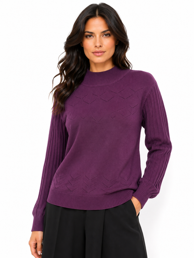 SK21089 SCALLOPED CREWNECK TEXTURED STRIPED SWEATER