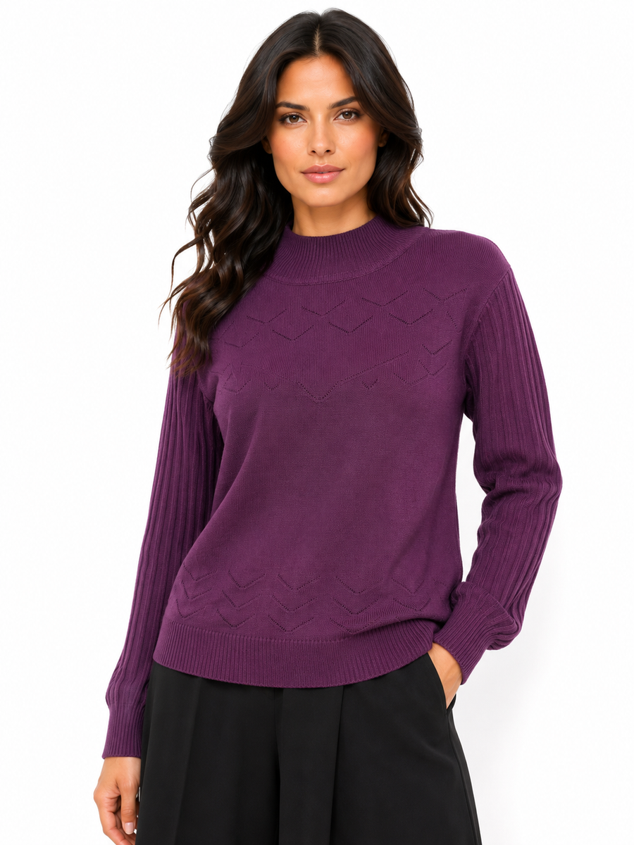 SK21089 SCALLOPED CREWNECK TEXTURED STRIPED SWEATER