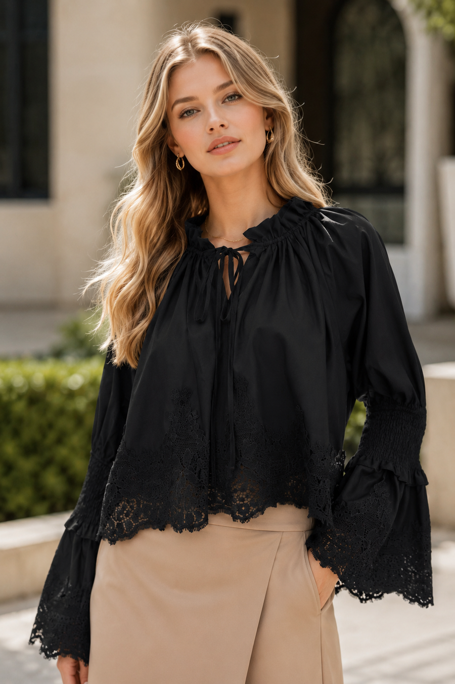 A96001 FLORAL LACE SHIRRED TOP