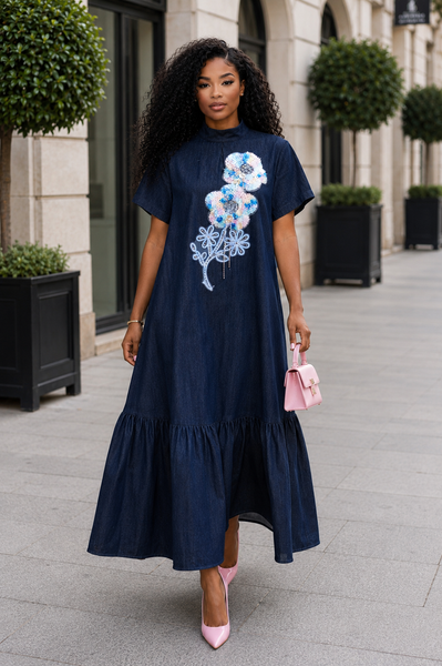 W6658 FLOWER APPLIQUÉ TIERED DENIM MAXI DRESS