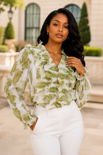 X8071 PAISLEY VNECK RUFFLE TOP (BLK, WHT)