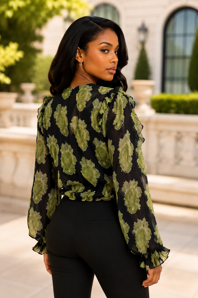 X8071 PAISLEY VNECK RUFFLE TOP (BLK, WHT)