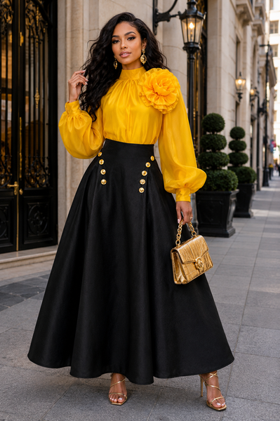 T260020 DRAMATIC FLOWER APPLIQUE PUFF SLEEVE TOP
