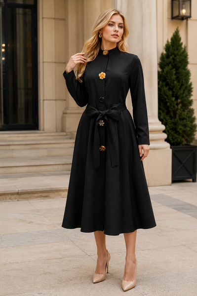 A95082 BEADED BUTTON APPLIQUE MIDI DRESS