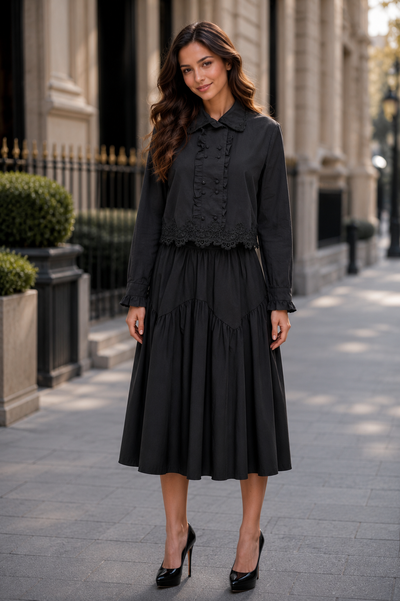 W6637 RUFFLE BUTTON DOWN LACE HEM TOP