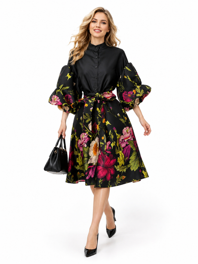 A96228 FLORAL PUFF SLEEVE BELTED MINI DRESS
